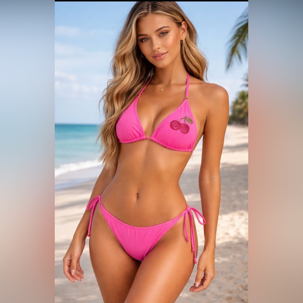 Juicy Couture Pink Cherry Rhinestone Bikini Set Size L NWT